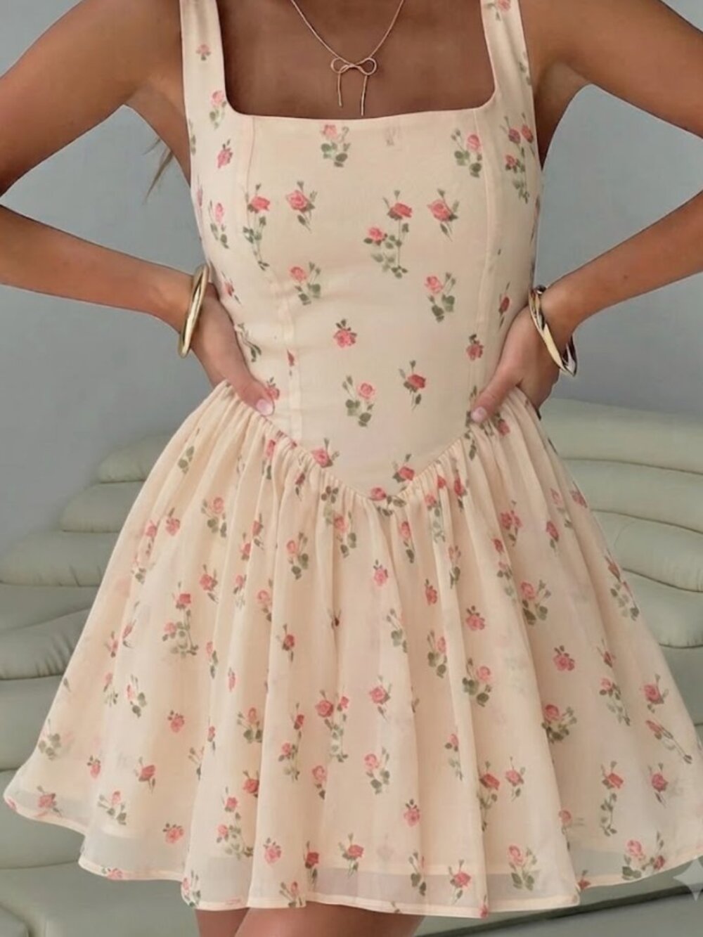 Princess Polly Straplie Mini Dress Cream Floral in size 2